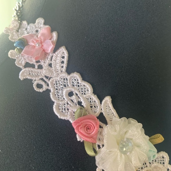 Bib Necklace flapper image glass hand sewn glass beads satin ribbon flowers - Picture 7 of 17